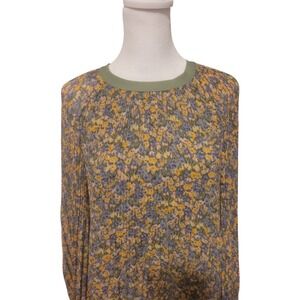 Zara Shirt Womens Medium Green Floral Chiffon Pleated Lined Pullover Blouse Top